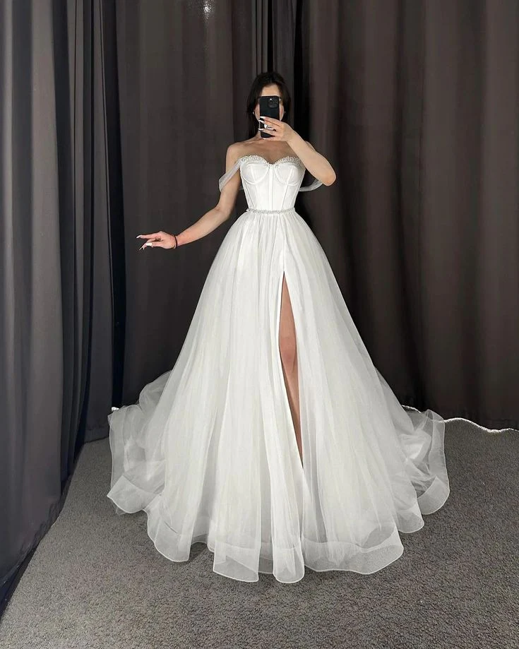Unique Bridal Dress A Line Off The Shoulder White Tulle Long Wedding Dresses Pretty Bridal Gowns DH1238 - Deanwangkt