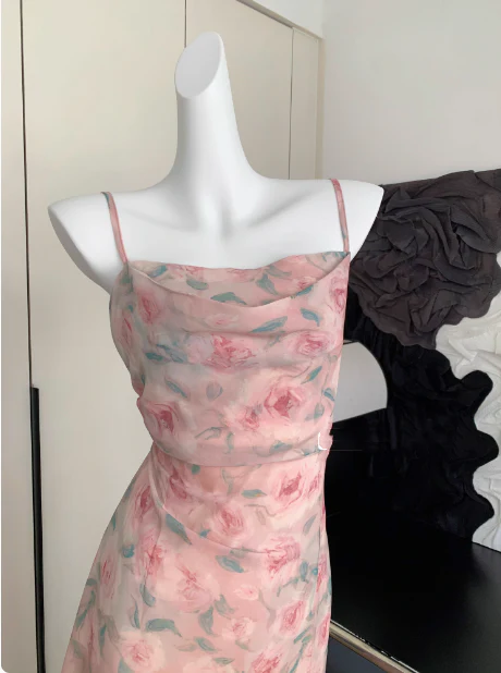 Cute A line Spaghetti Straps Pink Floral Long Chiffon Dress For Women DP0008 - Deanwangkt