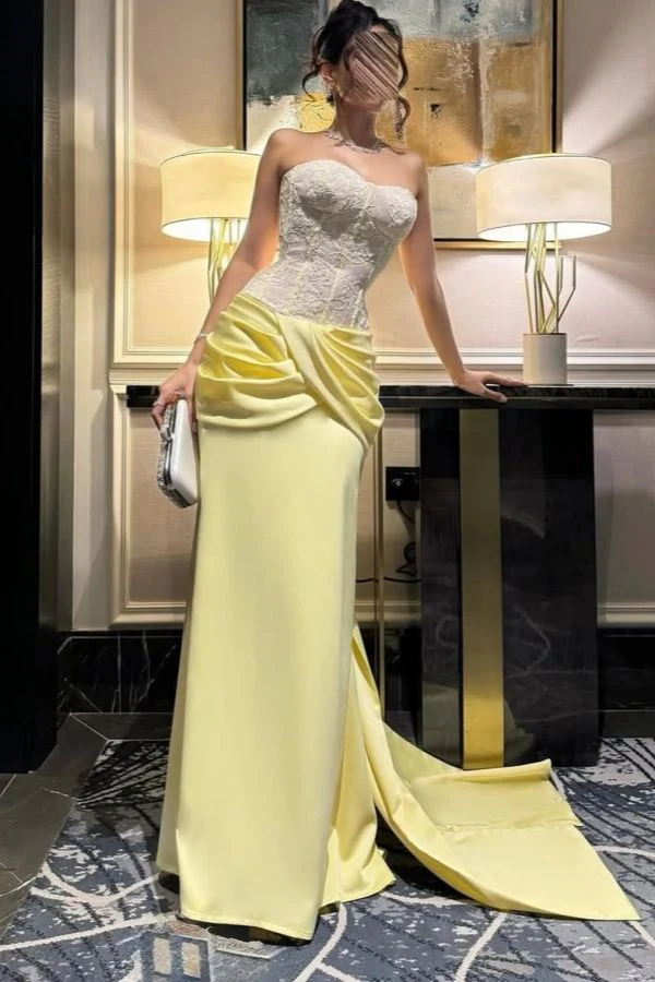 Sexy Strapless Sheath Long Prom Dresses Sleeveless Satin Yellow Evening Dresses DP04043 - Deanwangkt