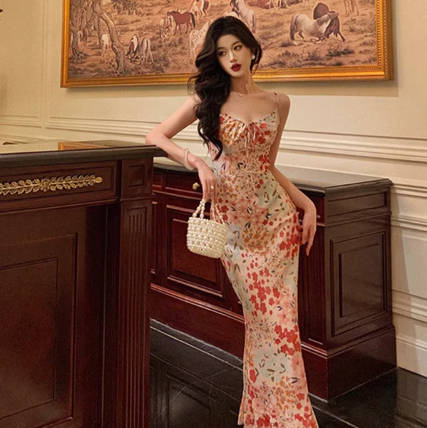 Sexy Mermaid Spaghetti Straps Floral Pink 18th Birthday Dress Holiday Party Birthday Outfits For Women DP0161 - Deanwangkt