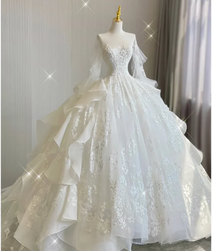 Unique Ball Gown Scoop Neckline Lace Long Sleeves White Wedding Dresses Brides Dress DP419 - Deanwangkt