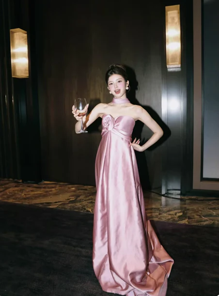 Modest Pink Empire Dress Satin Strapless Long Evening Dress Elegant Formal Dress Wedding Guest Dress DP2832 - Deanwangkt