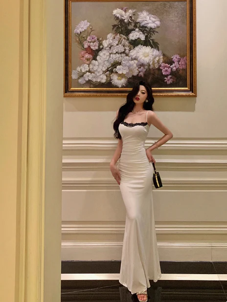 Sexy Mermaid Spaghetti Straps White Floral 21st Birthday Dress Holiday Party Birthday Outfits For Women DP0181 - Deanwangkt