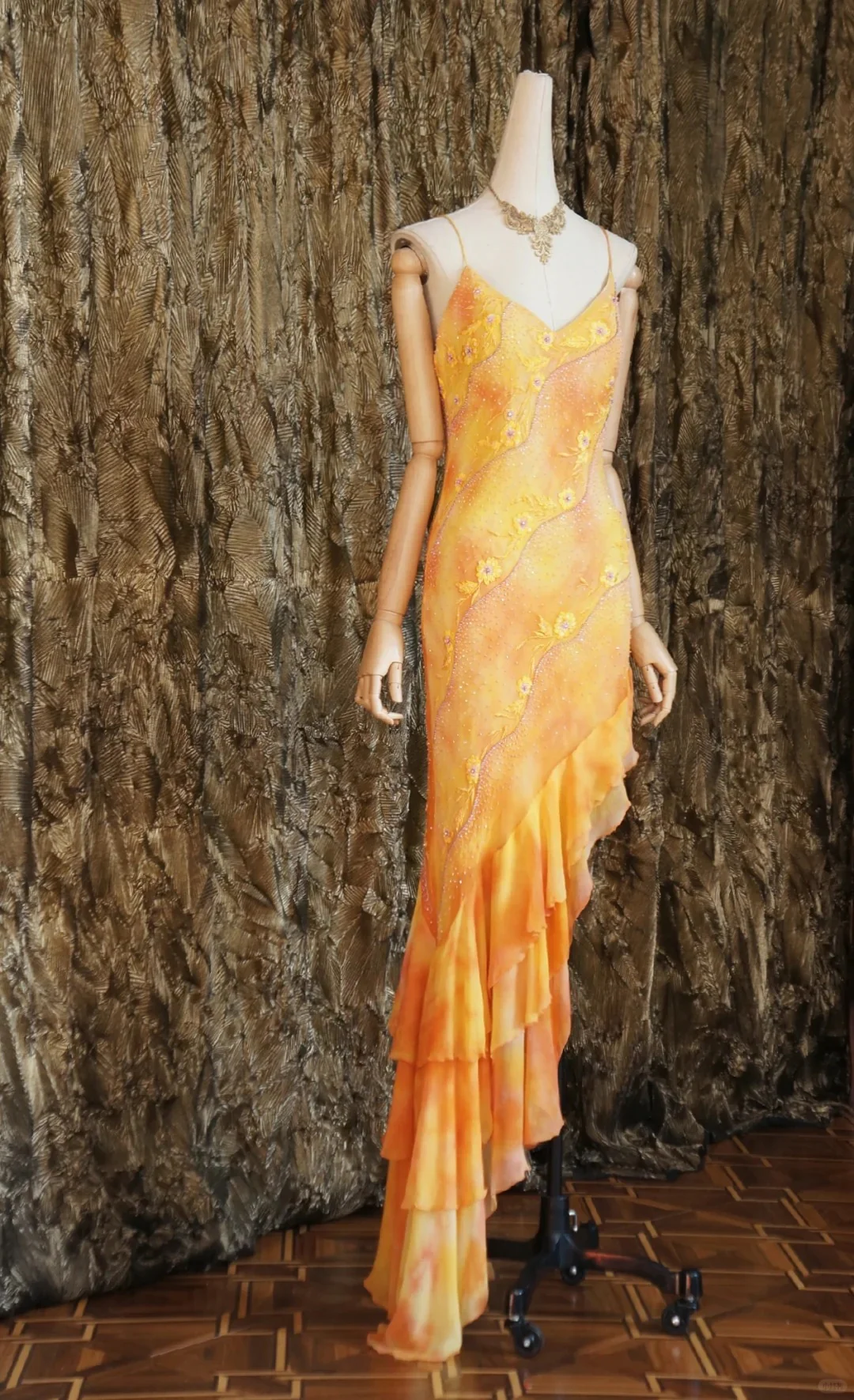Vintage Spaghetti Strap Sheath Chiffon Beaded Long Yellow Evening Dress Sweet 16 Dress DP2902 - Deanwangkt