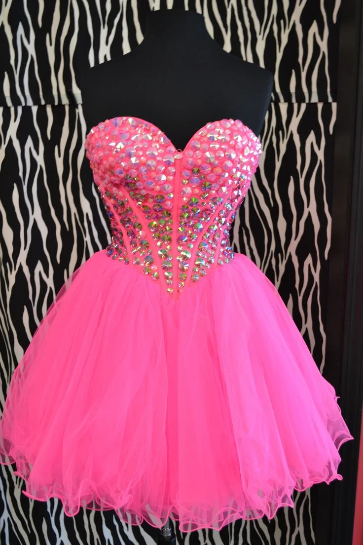 Modest Ball Gown Sweetheart Pink Tulle Formal Homecoming Dresses 8th Grad Dance Graduation Dress Short Hoco Dresses DH2579 - Deanwangkt