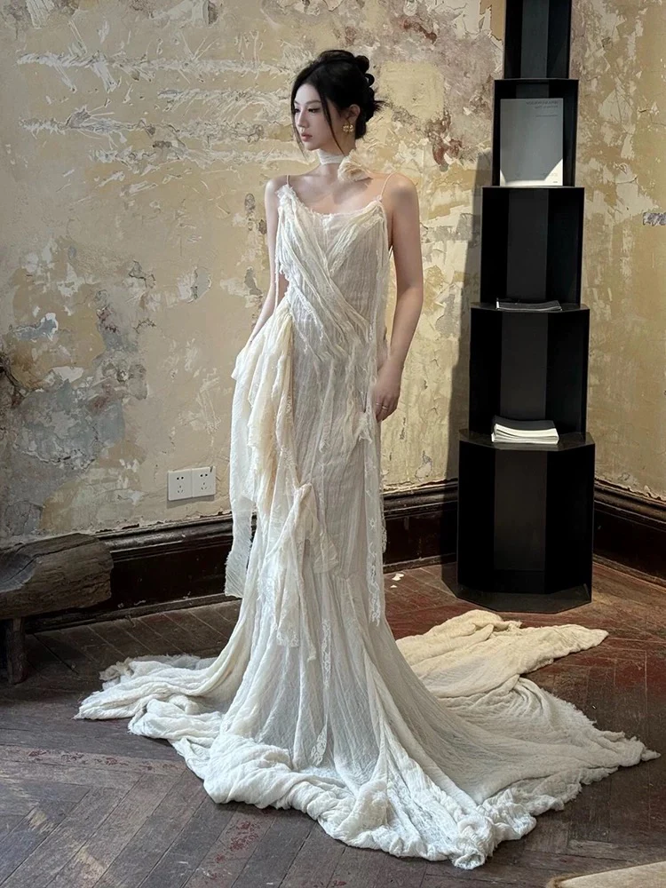 Vintage Wedding Dress A Line Spaghetti Straps Ivory Summer Beach Long Wedding Dresses Bridal Gowns W0800 - Deanwangkt