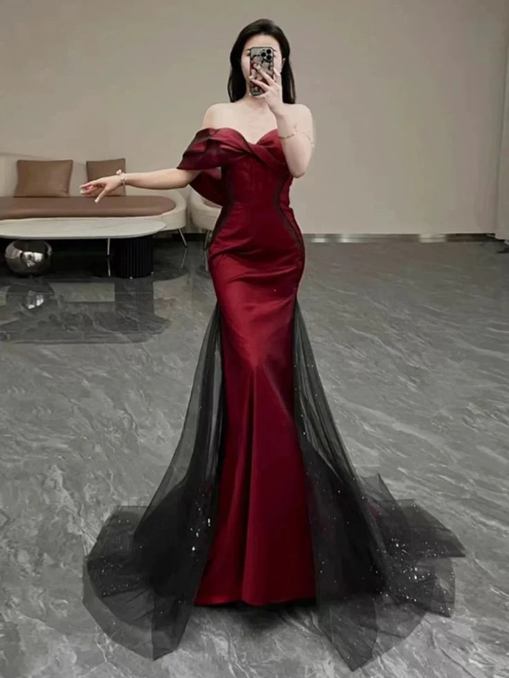 Fancy Mermaid Off The Shoulder Short Sleeves Burgundy Long Evening Dress Party Gowns Evening Special Formal Dresses Prom Dress DH202 - Deanwangkt