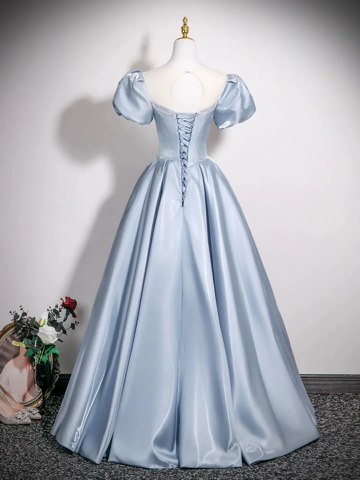 Cute Jewel A-Line Puff Sleeves Satin Blue Long Prom Dress, Blue Formal Dress DP3159 - Deanwangkt