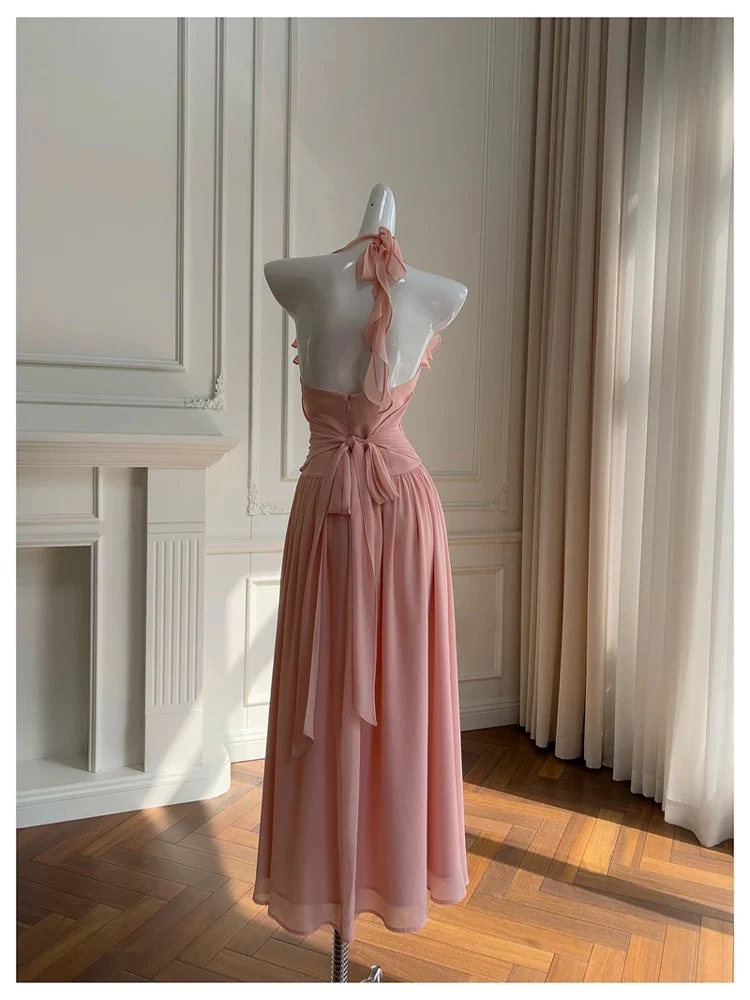 Elegant A line Blush Pink Sleeveless Chiffon Long Evening Party Gowns Evening Formal Dresses Prom Dress W890 - Deanwangkt