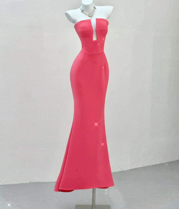 Classy Mermaid Strapless Pink Satin Evening Dress Long Prom Dresses P0022 - Deanwangkt