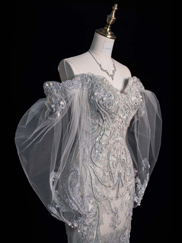 Princess Bridal Dress Mermaid Off The Shoulder Lace Tulle Wedding Dress With Long Sleeves Wedding Dresses Modest Wedding Gowns DH1421 - Deanwangkt