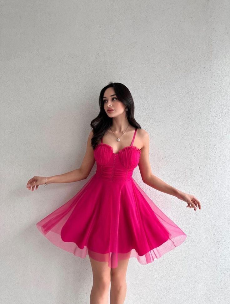 Simple A Line Spaghetti Straps Hot Pink Tulle Short Formal Homecoming Dresses Party Graduation Dress Hoco Dresses DH2721 - Deanwangkt