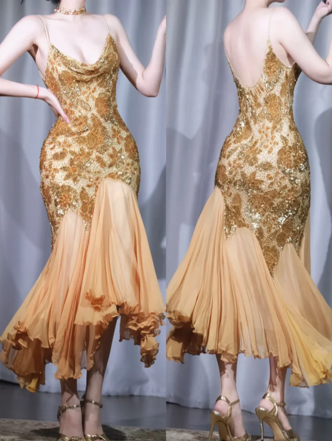 Vintage Sheath Gold Long Prom Dresses Chiffon Beaded Gold Evening Dresses DP3922 - Deanwangkt