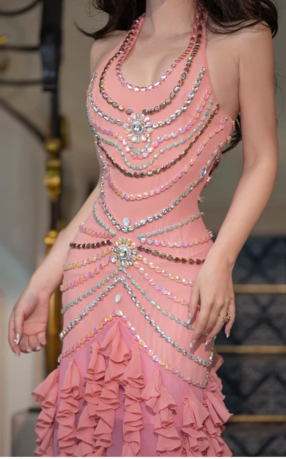 Elegant Halter Mermaid Chiffon Beaded Long Prom Dresses, Pink Formal Evening Dresses DP3071 - Deanwangkt