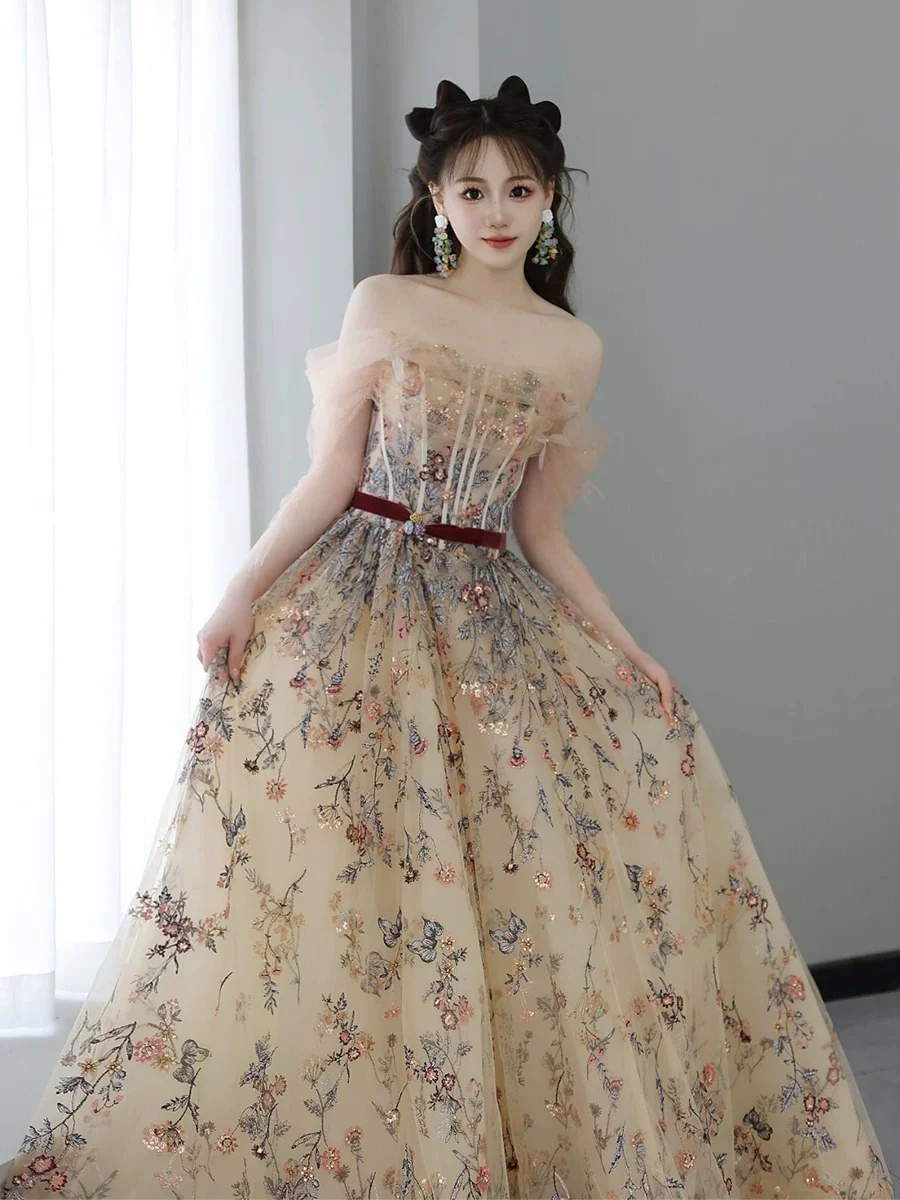 Sexy Ball Gown Off The Shoulder Long Sleeves Champagne Elegant Tulle Long Prom Dresses H2881 - Deanwangkt