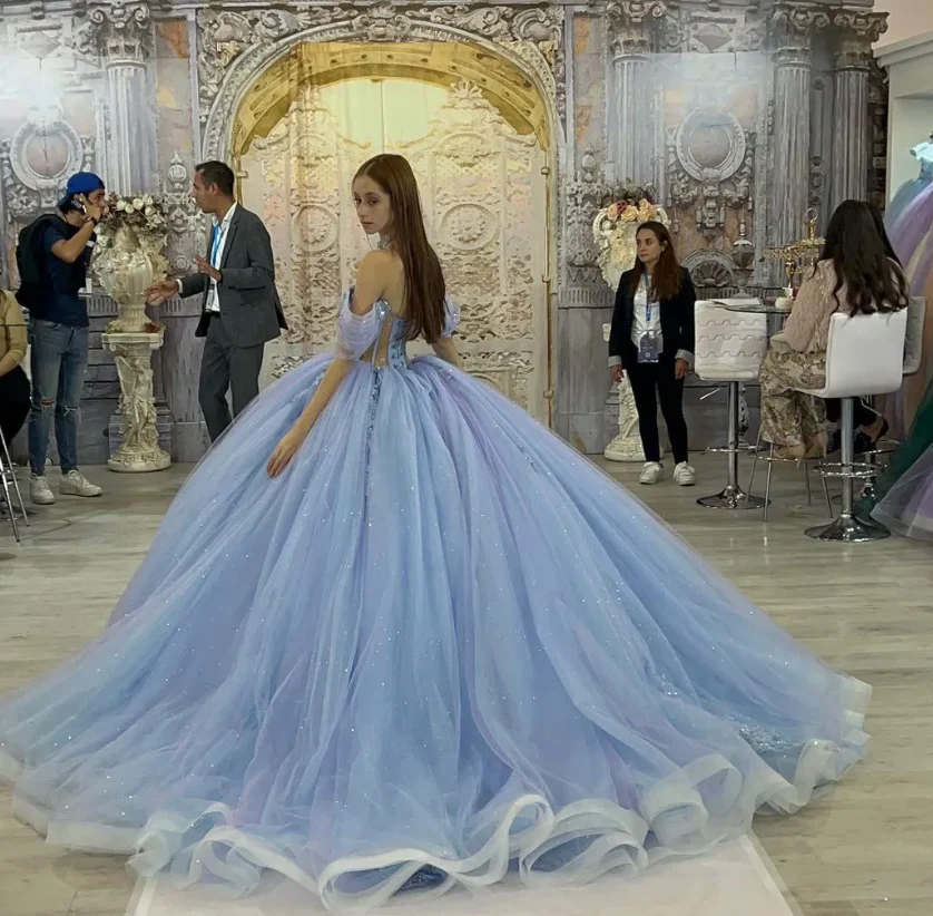 Fairy Off-the-shoulder Ball Gown Tulle Long Prom Dresses Blue Quinceanera Dresses estido De 15 Anos Sweet 16 Dress DP3263 - Deanwangkt