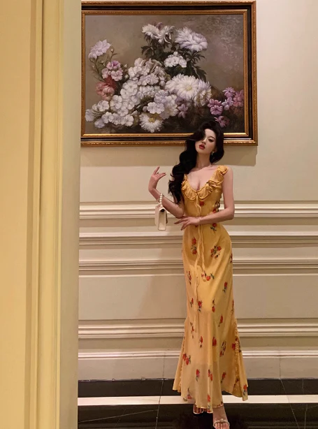 Cute A line V Neckline Yellow Floral Sleeveless 18th Birthday Dress Party Gown Birthday Outfits For Women DP0208 - Deanwangkt