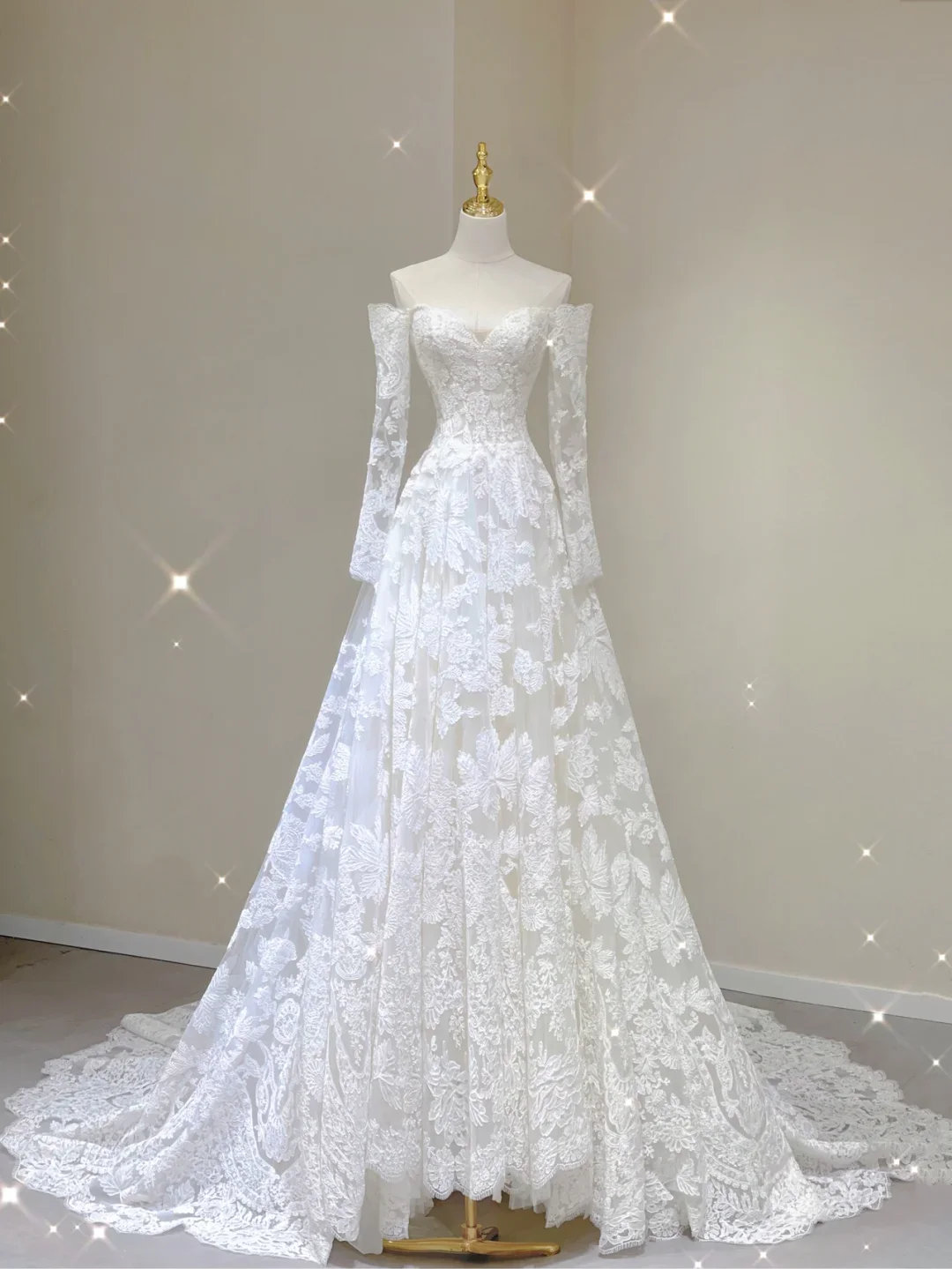 Unique A line Off The Shoulder Lace Long Sleeves White Wedding Dresses Summer Brides Dress DP383 - Deanwangkt