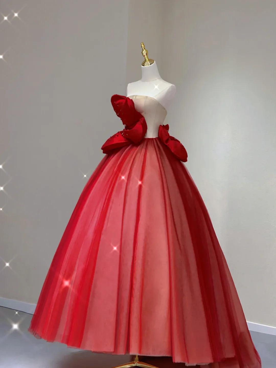 Pretty Ball Gown Strapless Red Tulle Long Prom Dresses Evening Dresses DP346 - Deanwangkt