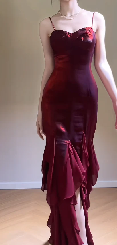 Elegant Spaghetti Strap Sheath Long Prom Dresses Burgundy Evening Dresses DP3188 - Deanwangkt