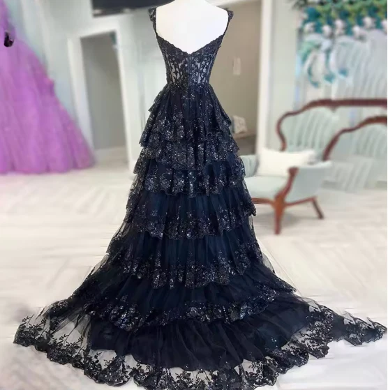 Sexy A-Line Tulle Sequin Black Long Prom Dresses, Black Sequin Long Formal Dress DP275 - Deanwangkt