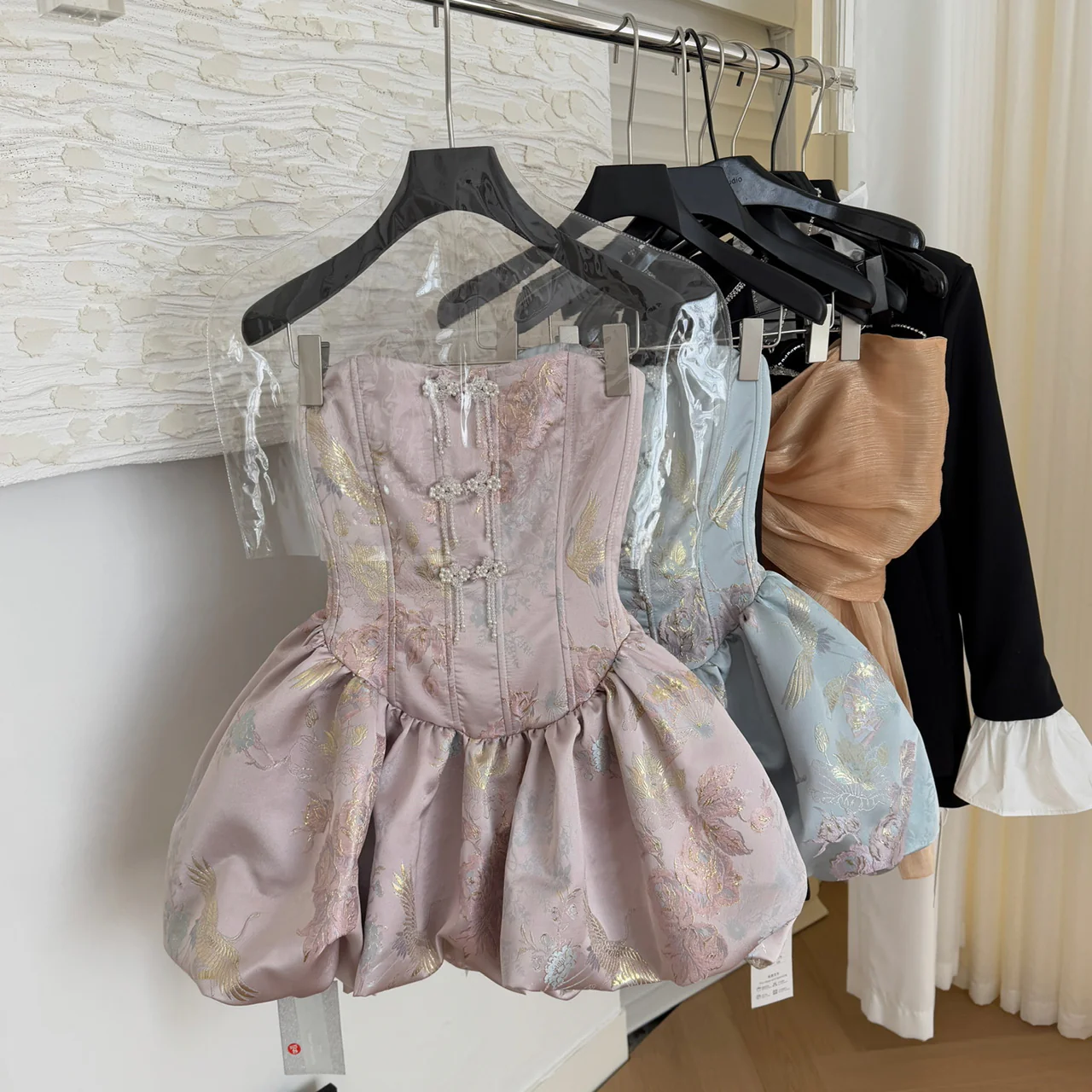 Cute Ball Gown Strapless Satin Floral Pink Short Summer Dress Holiday Party Outfits For Women DP0097 - Deanwangkt