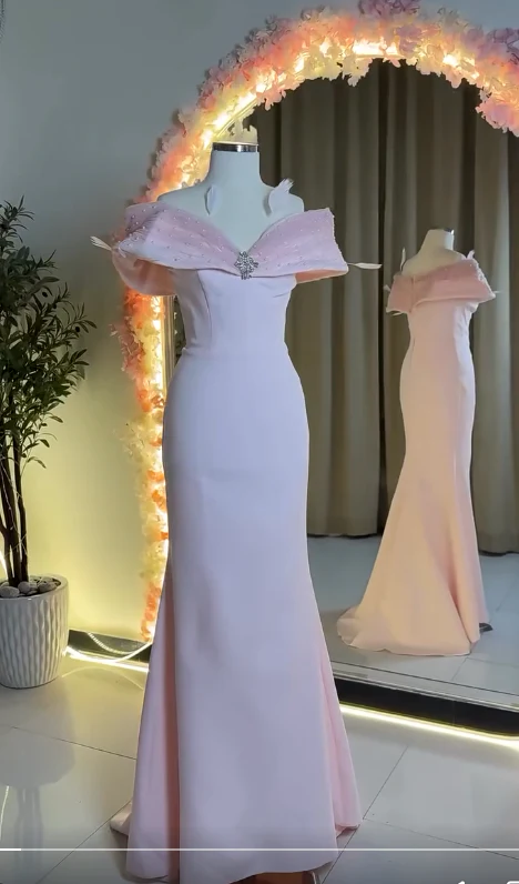 Fairy Off-the-shoulder Mermaid Long Prom Dresses, Satin Pink Evening Dresses DP3334 - Deanwangkt