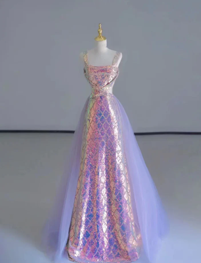 Pretty Sheath Square Neckline Sequin Sleeveless Long Prom Dresses Evening Dresses DP516 - Deanwangkt