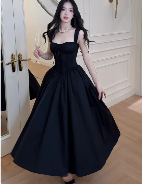 Elegant Strap A-Line Black Long Prom Dresses Satin Black Long Birthday Dresses DP3879 - Deanwangkt