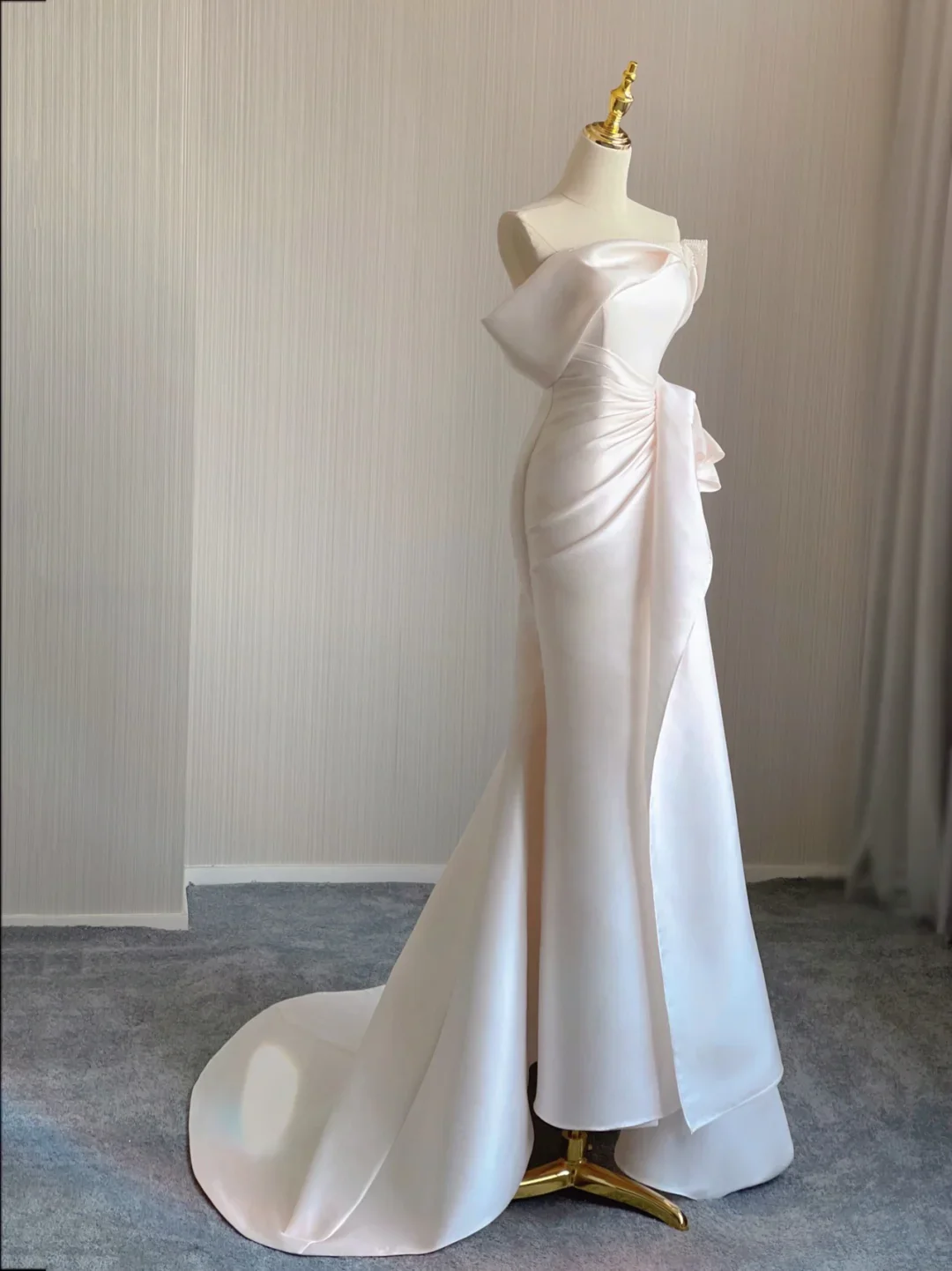 Unique Mermaid Off The Shoulder Ruffles Long Satin Pink Wedding Dresses Brides Dress DP344 - Deanwangkt