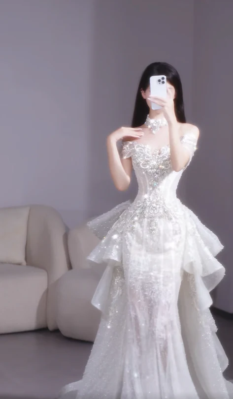 Gorgeous Sheath Long Wedding Dresses, Short Sleeve White Bridal Dresses, Rhinestone Tulle Bridal Gowns DP3939 - Deanwangkt