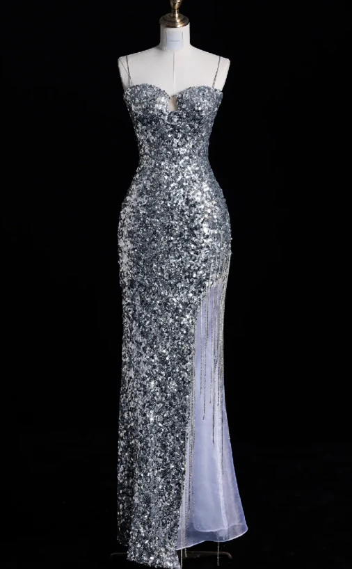 Elegant Spaghetti Straps Mermaid Long Prom Dresses Silver Sequin Formal Dresses Sleeveless Evening Dresses DP3277 - Deanwangkt