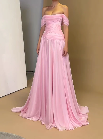 Chic Off-the-shoulder Sheath Pink Long Prom Dresses Chiffon Pleated Pink Evening Dresses DP3831 - Deanwangkt