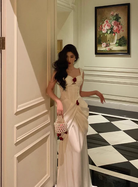 Elegant Mermaid Straps White Satin Sleeveless 21st Birthday Dresses Evening Gown Birthday Outfits Birthday Dress Ideas For Women DP1410 - Deanwangkt