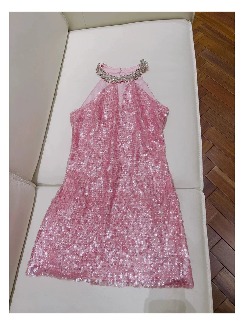 Cute Sheath High Neck Pink Sequin Formal Short 8th Grade Homecoming Dress Summer Middle School Hoco Dresses Birthday Outfits W985 - Deanwangkt
