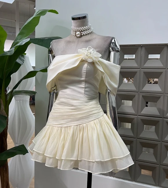 Cute A line Off The Shoulder White Chiffon Summer Homecoming Dress Hoco Dress Mini 16th Birthday Outfit Cocktail Dresses DP2092 - Deanwangkt