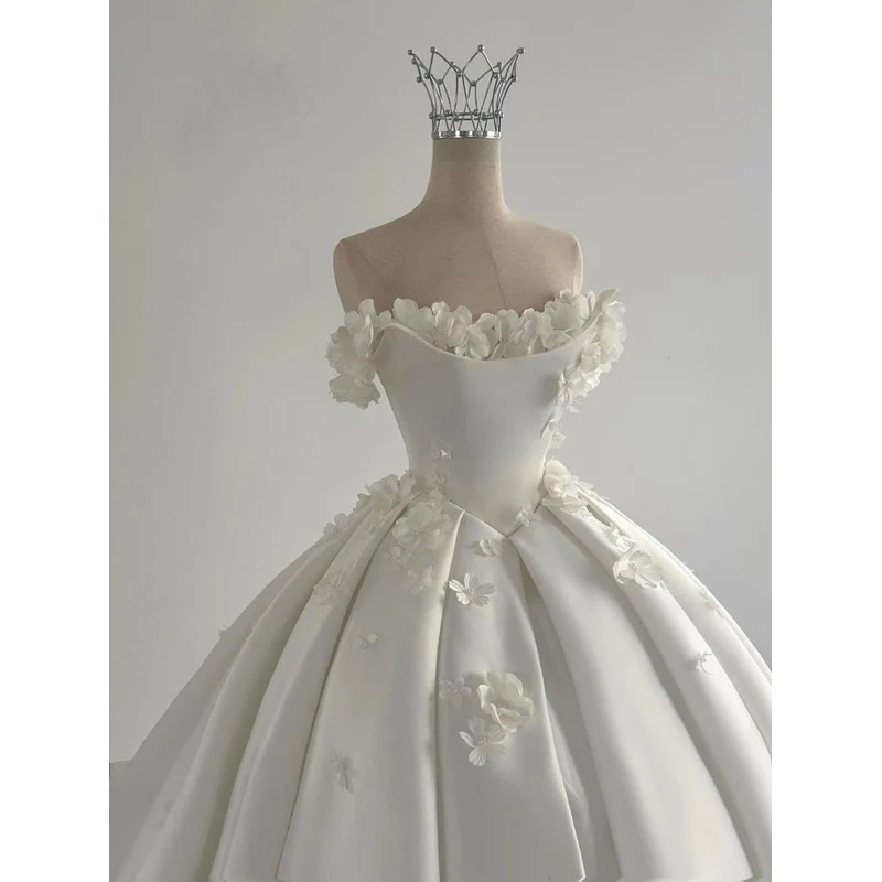 Dreamy Wedding Dress Ball Gown Off The Shoulder Satin White Wedding Dresses Bridal Gowns DH737 - Deanwangkt