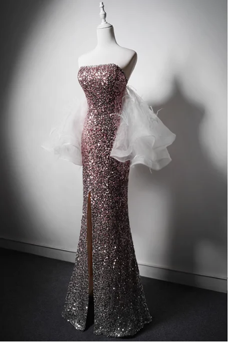 Modest Pink Mermaid Evening Gowns Strapless Slit Long Prom Dress Sparkly Sequins Graduation Dress DH2743 - Deanwangkt
