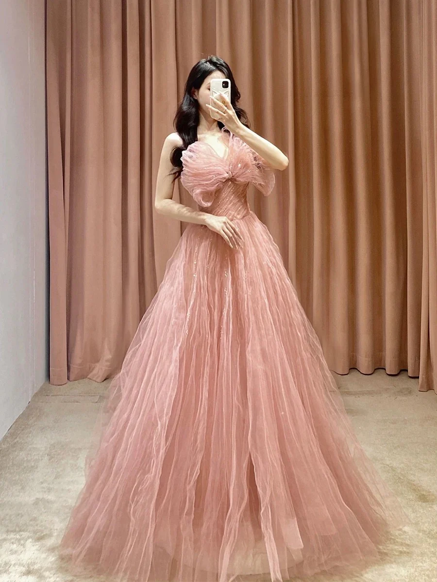 Classy Elegant A line Spaghetti Straps Pink Tulle Beading Sleeveless Prom Dresses H2888 - Deanwangkt