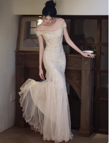 Elegant Off-the-Shoulder Mermaid Long Prom Dresses Tulle Apricot Evening Dresses DP3876 - Deanwangkt