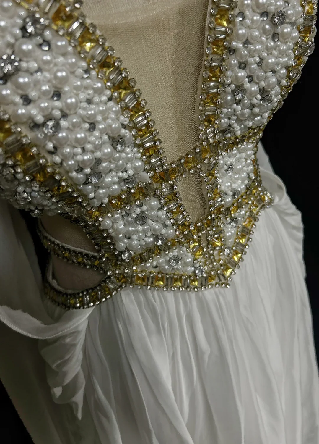 Retro A Line V Neck White Chiffon With Silver Gold Beads Long Flowers Prom Dresses Party Dress 21st Birthday Outfits Prom Gowns DH2662 - Deanwangkt