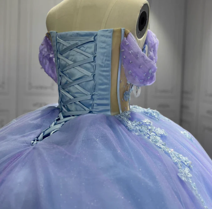 Gorgeous Purple Off-the-shoulder Tulle Long Ball Gown Appliques Sweet16th Birthday Dress Cute Quinceanera Dress DH2732 - Deanwangkt