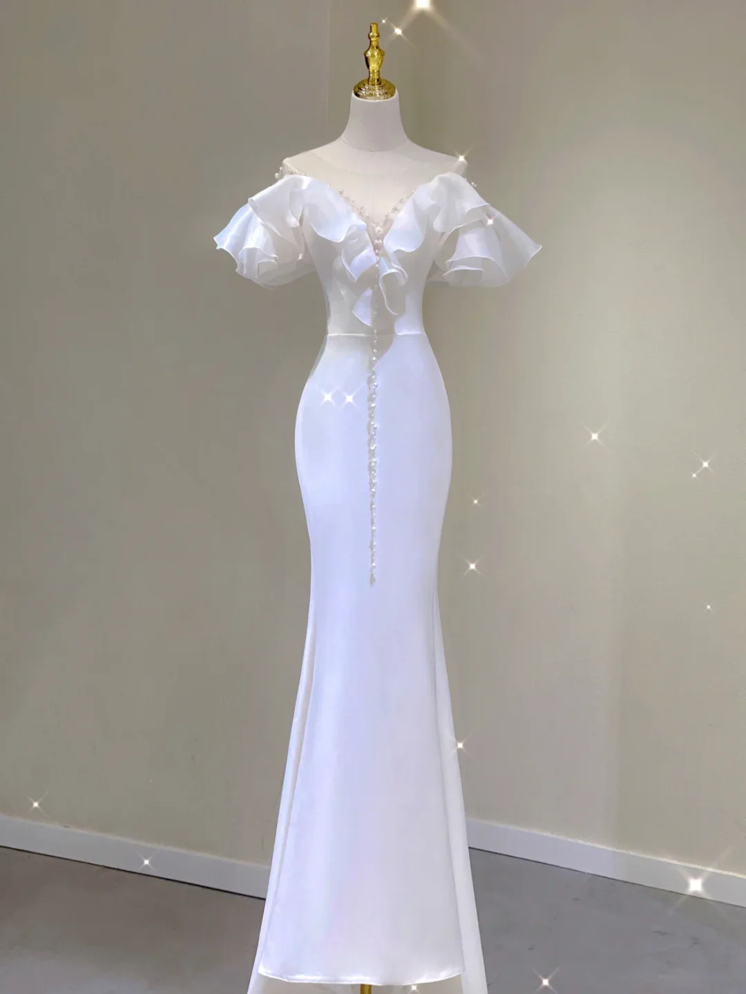 Simple Mermaid V Neckline Long White Wedding Dresses Summer Brides Dress DP386 - Deanwangkt