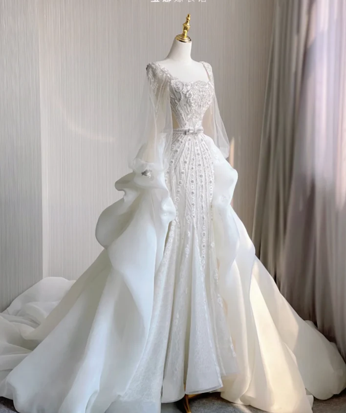 Luxury Mermaid Square Neckline Long White Wedding Dresses Brides Dress DP407 - Deanwangkt