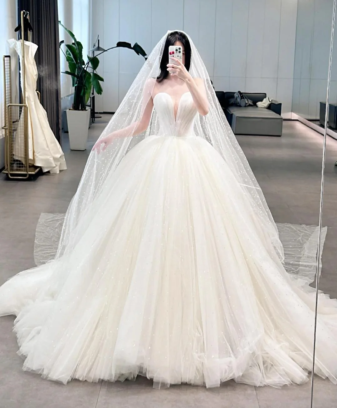 Modest Sweetheart Neck Ball Gown Sleeveless Bridal Gown Glam Tulle Wedding Dress with Veil DP2859 - Deanwangkt