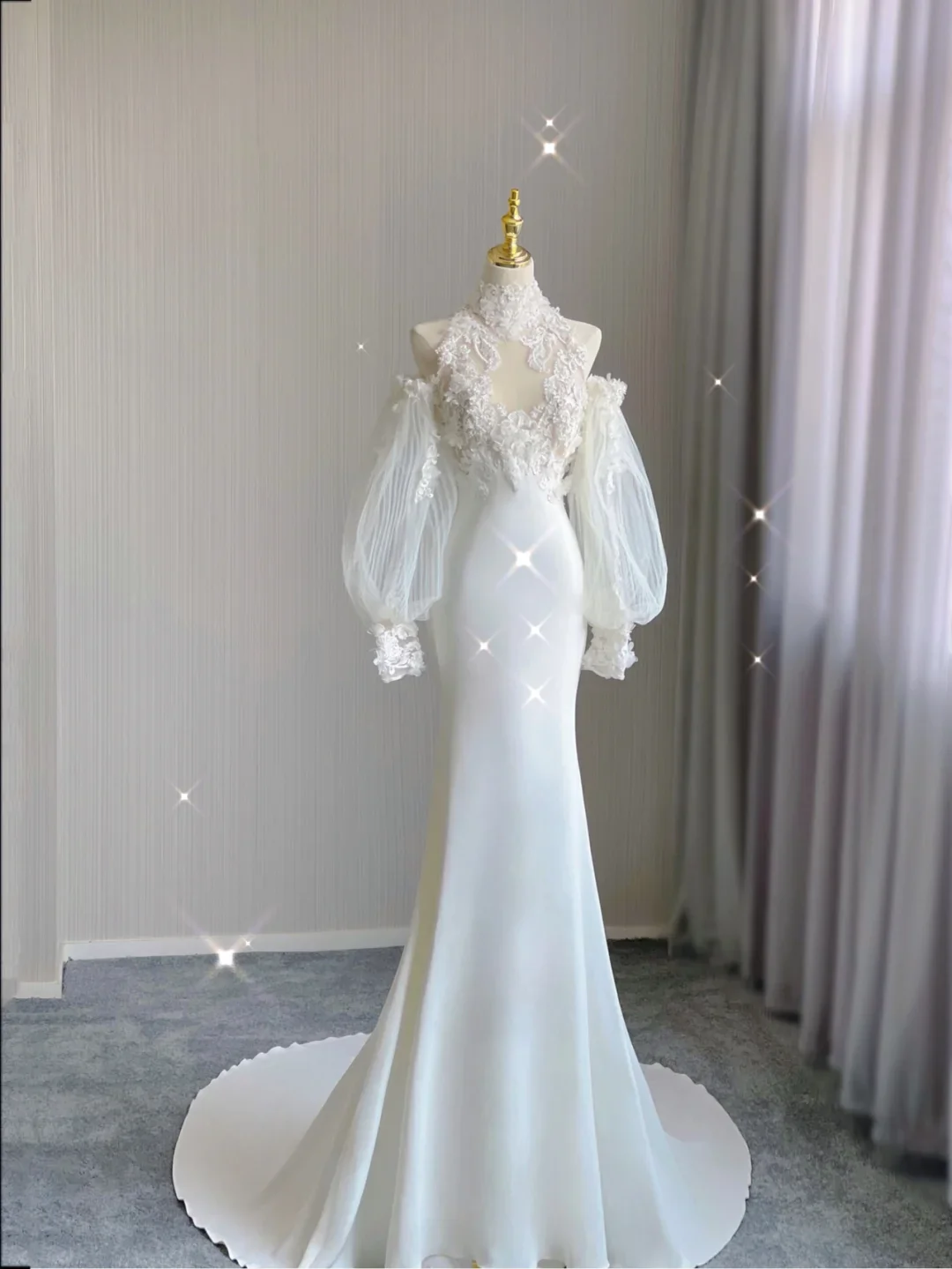 Classy Elegant Mermaid High Neckline Long Sleeves Lace Satin Wedding Dresses Brides Dress DP345 - Deanwangkt