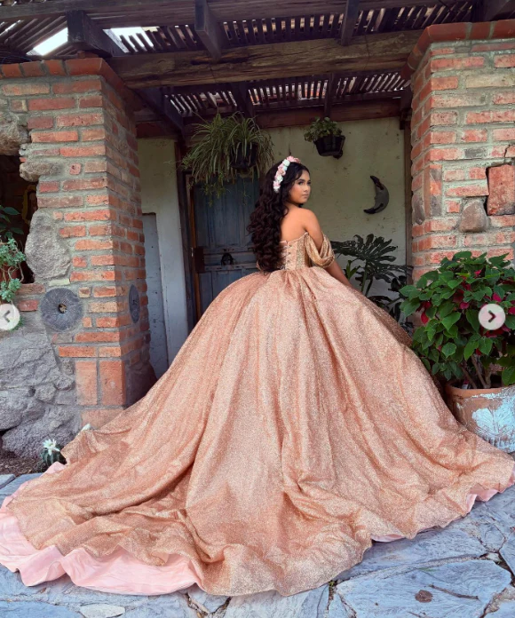 Modest Ball Gown Off-the-shoulder Gold Glitter Tulle Applique Long Quinceanera Dress Formal Gowns Vestido De 15 Anos Sweet 16 Dress DP2757 - Deanwangkt