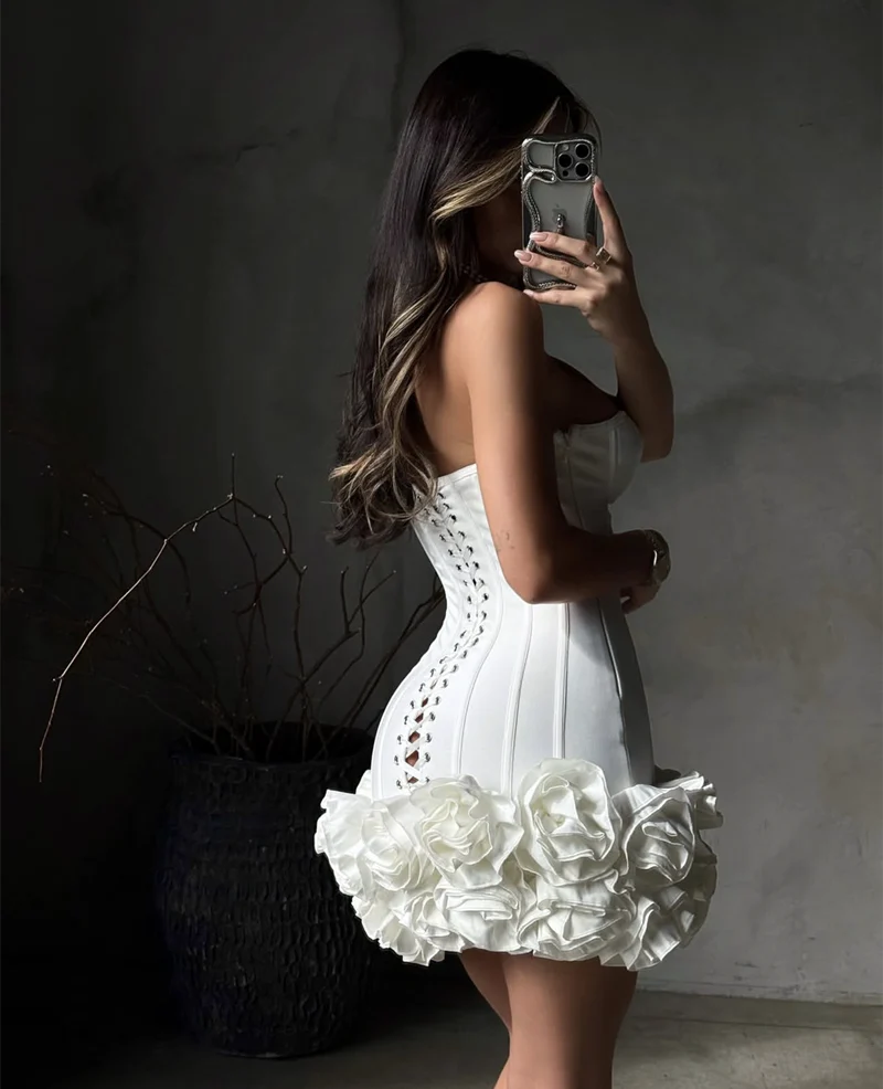 Sexy Sheath Strapless White Satin Formal Homecoming Dresses 18th Birthday Outfits Graduation Dress Short Mini Hoco Dresses DH2543 - Deanwangkt