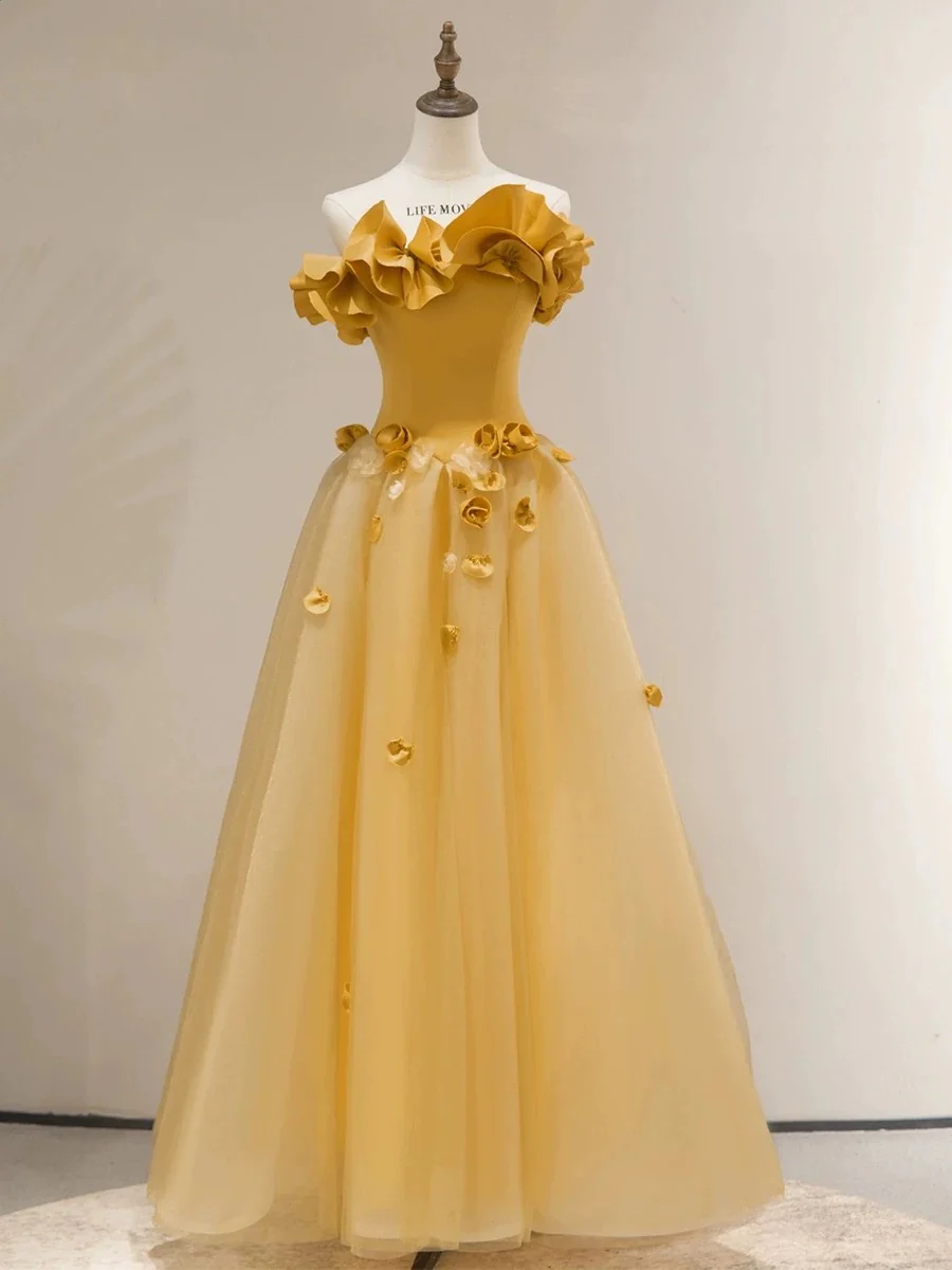 Classy Elegant Ball Gown Strapless Yellow Sleeveless Tulle Long Prom Dresses H2893 - Deanwangkt