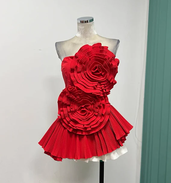 Gorgeous Strapless Sheath Two-Piece Short Prom Dresses, Red Pleated Homecoming Dresses DP3138 - Deanwangkt